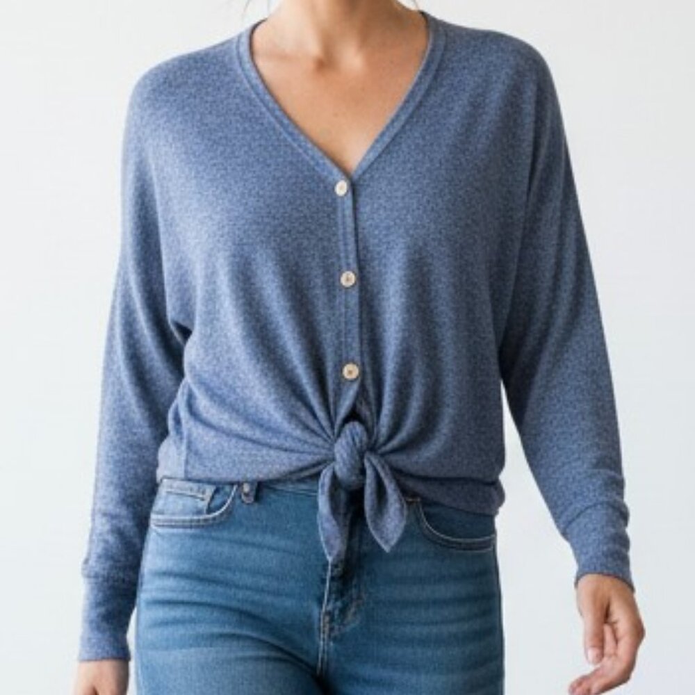 gyft Women Top M Blue Speckled Knit Button Front Tie Cottagecore Comfy Soft Girl